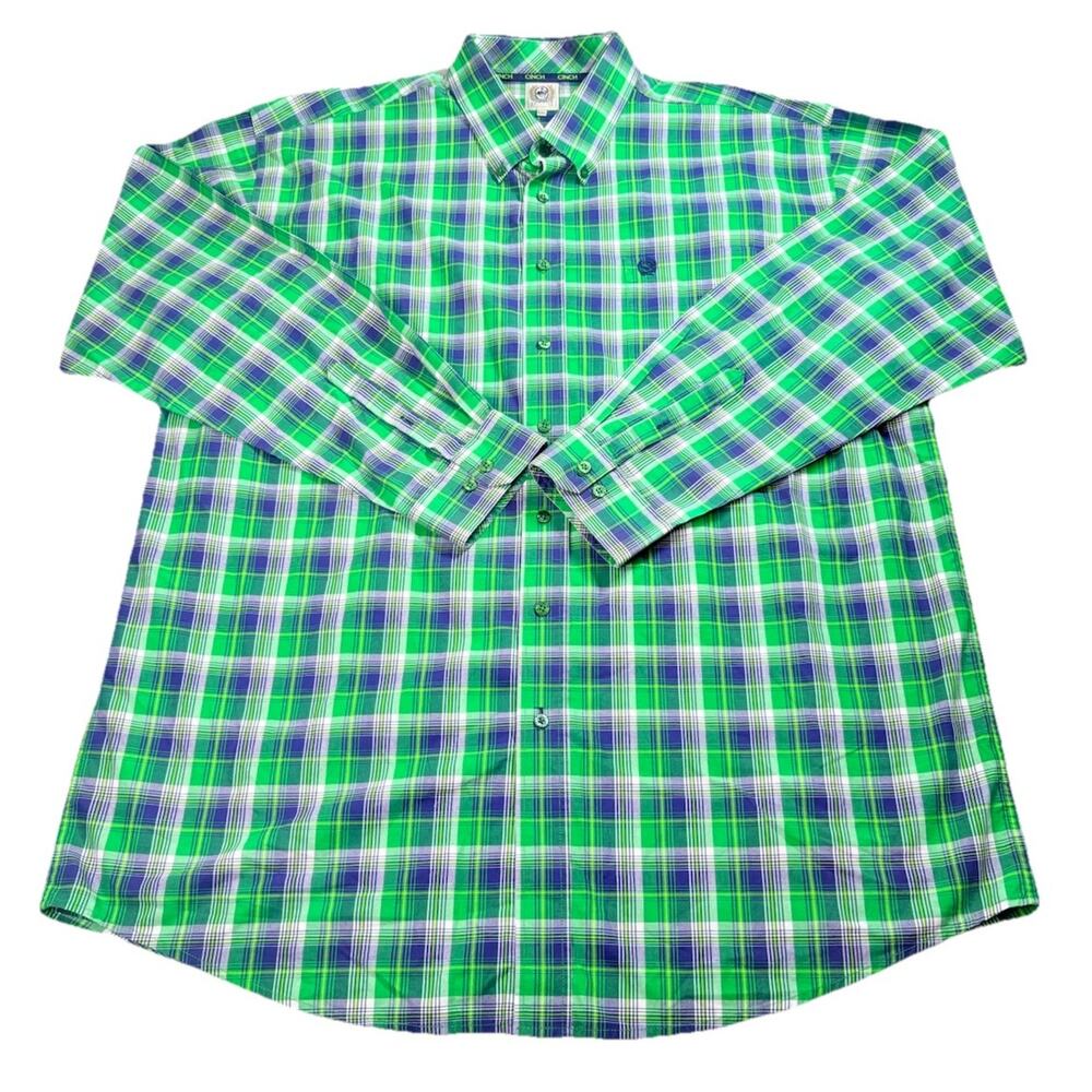 Cinch Men’s Button Down Long Sleeve Plaid Shirt Western Cowboy Green Blue XXL